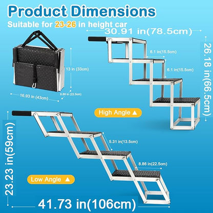 Uross Dog Stairs for Car 4 Steps Suitable for Car Trunk Heights 23"-26"- Collapsible Dog Steps for Car and SUV, Aluminum Pets Stairs for Large Pets, Telescoping Pet Step Ladder for Truck, High Bed