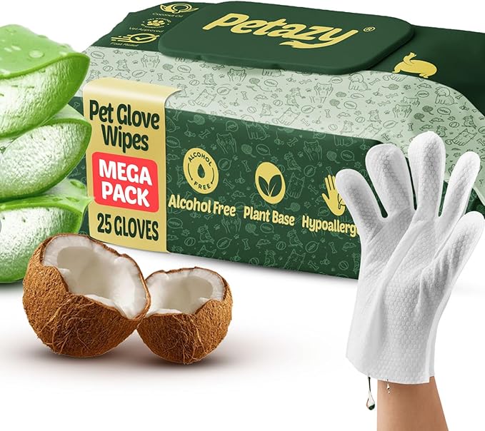 Pet Glove Wipes for Dogs & Cats – Hypoallergenic Thick Cleaning Gloves with Aloe & Coconut Oil for Paws, Face, Ears & Butt, Instant No Rinse Grooming Wipes to Deodorize and Hydrate, 25 Pack
