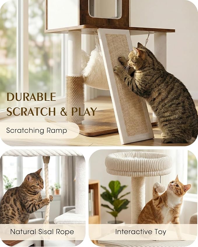 61" Modern Cat Tree Tower for Indoor Cats, Luxury Climbing Tower with Plush Lounge, Kitty Condos, Hammock & Scratching Posts, Classic cat Furniture (Rustin Brown)