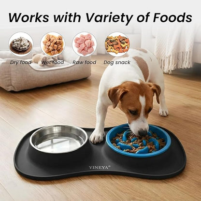 Slow Feeder Dog Bowls Stainless Steel Food and Water Bowl Set 3 in 1 No Spill Waterproof Silicone Pet Food Mat Puppy Feeding Station for Large Medium Small Breed Non Slip Metal Dish Tray by YINEYA