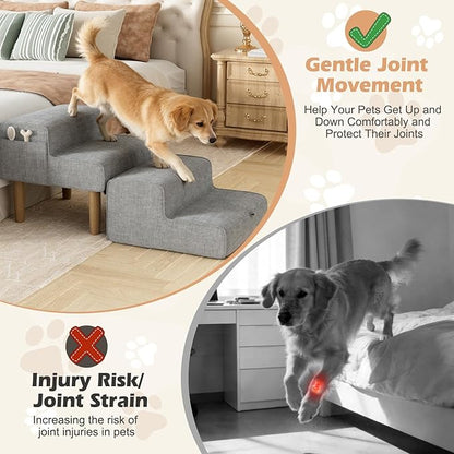 PakaLife Dog Ramp Ottoman,2-in-1 Dog Steps for Bed&Couch,Foldable Solid Wood Pet Ramps&Dog Stairs for Small, Senior Dogs & Old Cats to get on Bed,Washable Cover,135lb Capacity