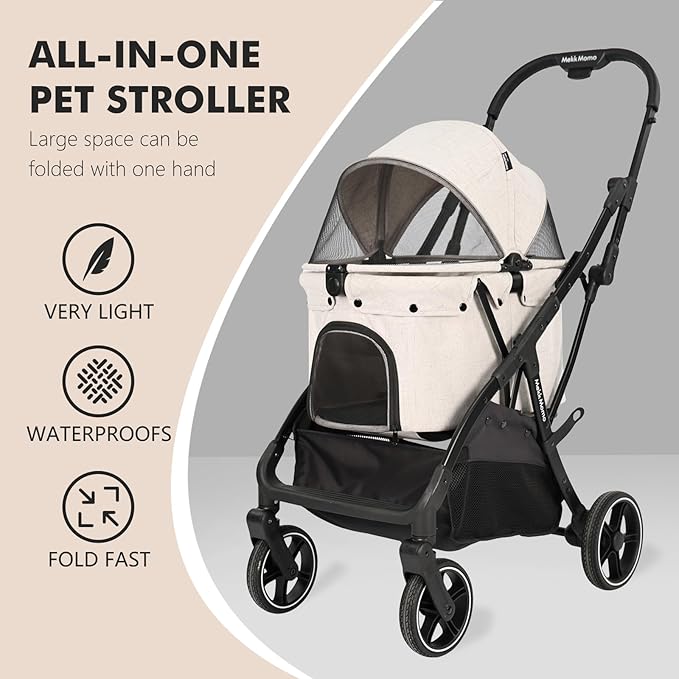 Pet Stroller for Medium Dogs Cats Up to 45 lbs, Waterproof Sunproof, One-Hand Foldable Dog Stroller Cart, Strollers for Dogs and Cat, Beige