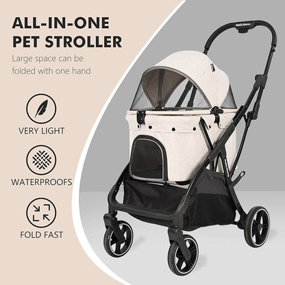 Pet Stroller for Medium Dogs Cats Up to 45 lbs, Waterproof Sunproof, One-Hand Foldable Dog Stroller Cart, Strollers for Dogs and Cat, Beige