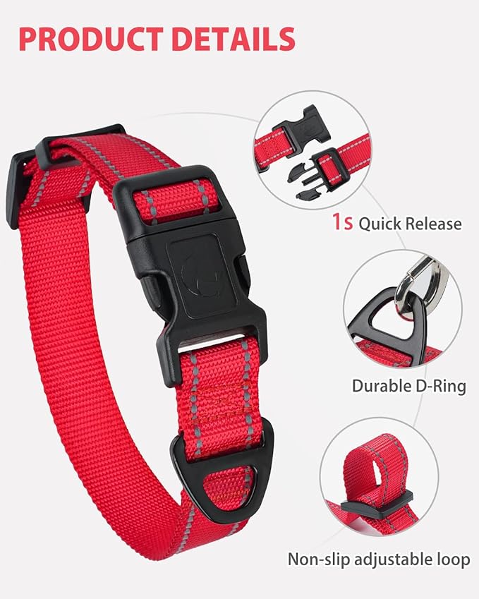 Joytale Dog Collars for Medium Dogs, Comfortable Double-Sided Reflective Nylon Collar for Night Safety, Adjustable Quick-Release for Active Pets, Red, M (1" Width)