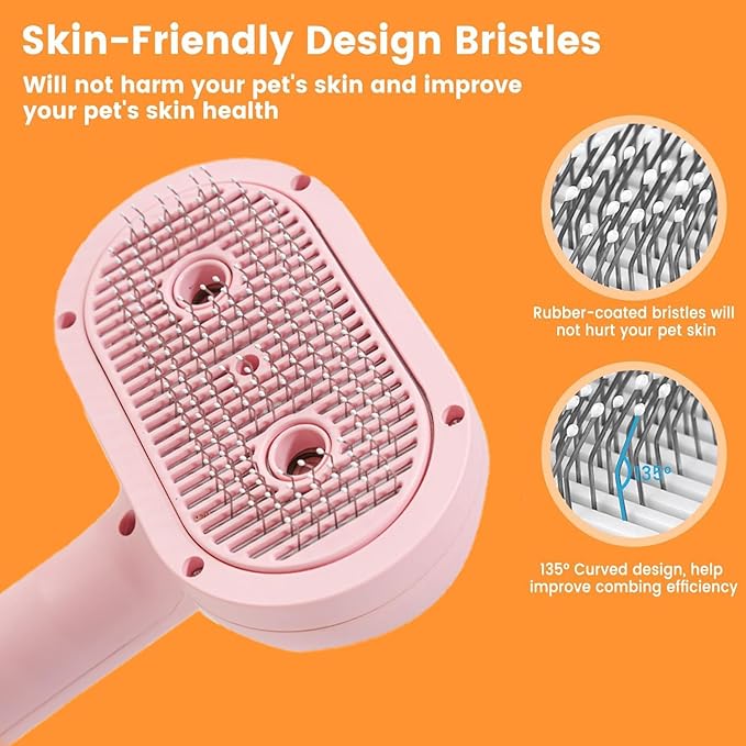 Cat Steam Brush for Shedding with Metal Comb,Deshedding Dog Brush for Long & Short Haired Dogs,Cat Hair Brush for Indoor Cats,Self Cleaning Double Hole Spray USB Rechargeable Grooming Supplies(Pink)