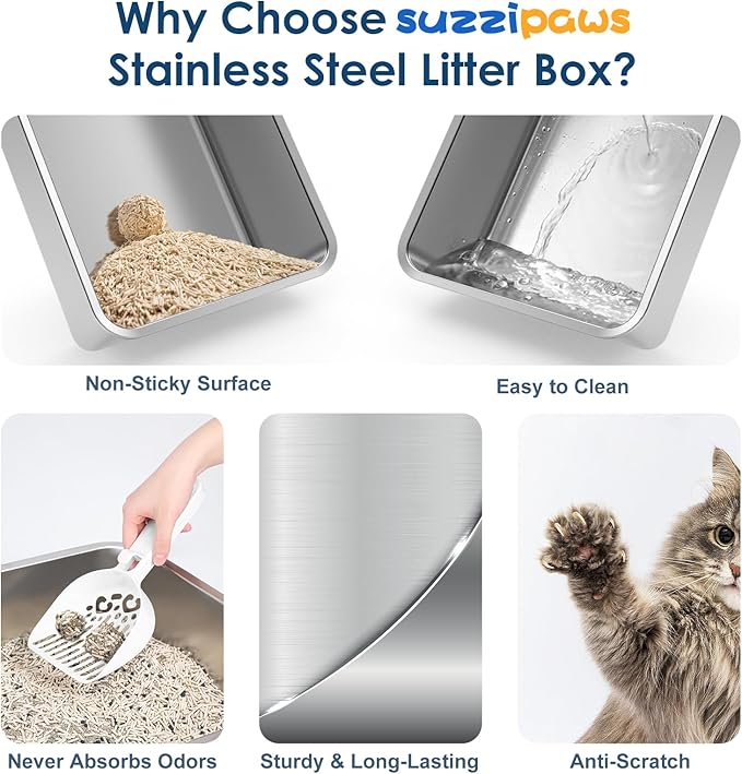2 Pack 17.3" x13.4"x9" Stainless Steel Litter Box, Kitten Litter Box for Kittens & Small Pets, Semi-Enclosed Metal Cat Litter Box for Leak Proof, Easy-Clean Non-Stick, Odor Control