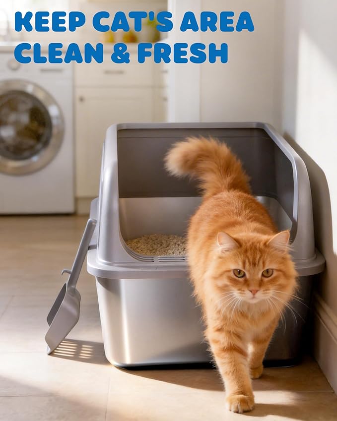 Stainless Steel Cat Litter Box, Metal Litter Box with Scoop, High- Sided, Anti-Leakage Top Entry, Non-Sticky, Easy to Clean, Grey, M (2 Pack)