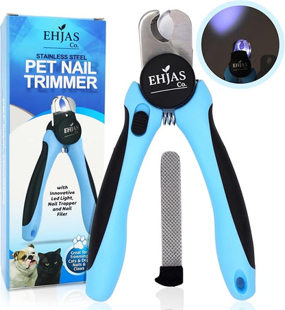 Dog Nail Clippers with LED Light & Quick Sensor, Pet Nail Trimmer with Safety Guard, Nail Catcher & Filer, Professonal Grooming Clippers for Dogs & Cats (Blue)