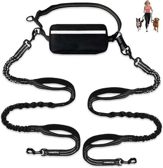 Hands Free Dog Leash for 2 Dogs with Waist Belt & Large Pouch, Waist Leash for Dog Walking, Running & Hiking, Double Retractable Dog Leashes for Medium/Large Dogs with Dual Handles, Black