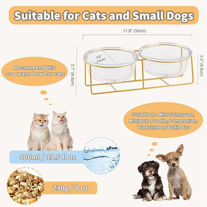 Elevated Dog Bowls for Small Dogs - 2 Glass Bowls with Gold Iron Stand - Raised Pet Dish Set for Food and Water - Comfortable Feeding
