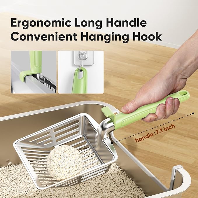 Metal Cat Litter Scoop, Large Cat Scooper with Deep Shovel & Dual Sifting Holes for Fast & Precise Sifting, Space Aluminum Kitty Litter Scooper with Long Handle & Easy-to-Hang Hook - Mint