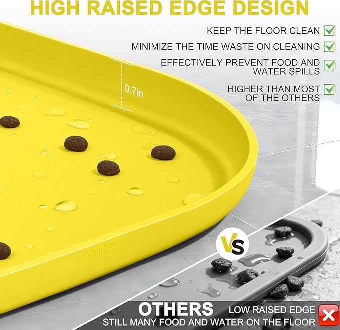 Small Silicone Pet Food Mat with Raised Edge for Food and Water Bowl, Square Dog Feeding Mats, Cat Food Trays for Floor Waterproof, Rubber Tray for Dogs and Cats, 12 x 12 x 0.7 Light Yellow