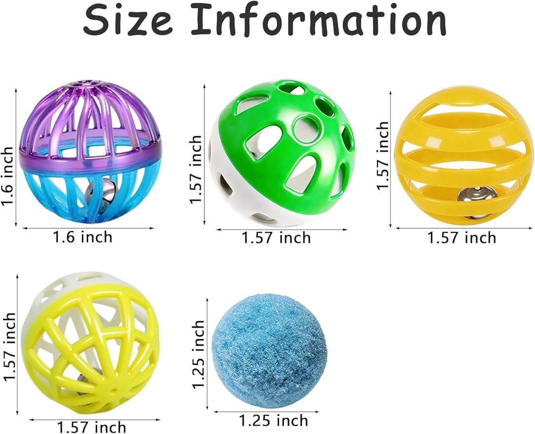 6Pcs Cat Toys Indoor for Bored Cats Kittens - 4 Bell Balls 2 Glitter Plush Balls Interactive Self Play Pet Toys (1.5'')