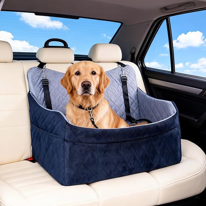 Medium & Large Dog Car Seat/Booster, Up to 55 lbs, with Safety Leash, Comfortable Travel Bed, Removable Washable Cover, Storage Bag for Convenient Car Travel