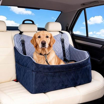 Medium & Large Dog Car Seat/Booster, Up to 55 lbs, with Safety Leash, Comfortable Travel Bed, Removable Washable Cover, Storage Bag for Convenient Car Travel
