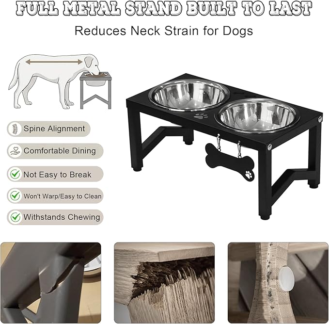 Elevated Dog Bowls, Metal Raised Dog Bowl Stand with 2 Thick 34oz Stainless Steel Food Bowls- 6.6" Tall for Small/Medium Breeds