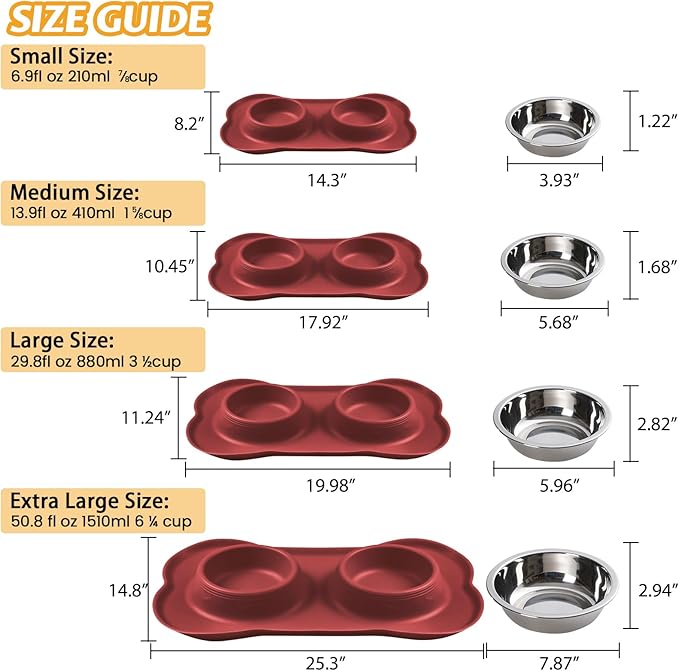 Hubulk Pet Dog Bowls 2 Stainless Steel Dog Bowl with No Spill Non-Skid Silicone Mat + Pet Food Scoop Water and Food Feeder Bowls for Feeding Small Medium Large Dogs Cats Puppies (Burgundy, Small)
