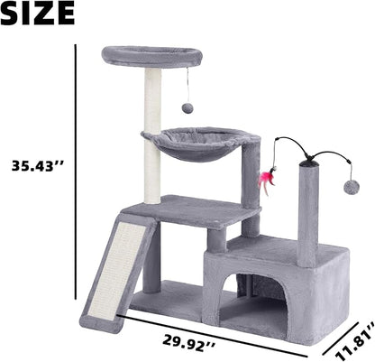 YUNIQUE Multi-Functional Cat Tree Tower, Big Cat Condo with Scratching Board, Rotating Toy & Deep Hammock, Luxury Perch Kitty Furniture for Indoor Cats (Grey)