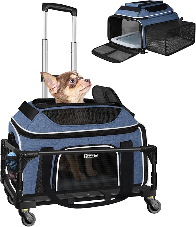 Petskd Top and Side Expandable Pet Carrier with Wheels 18x13x9.5 Inches Southwest Airline Approved, Soft-Sided Carrier for Small Cats and Dogs with Locking Safety Zippers and Anti-Scratch Mesh(Blue)