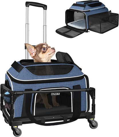 Petskd Top and Side Expandable Pet Carrier with Wheels 18x13x9.5 Inches Southwest Airline Approved, Soft-Sided Carrier for Small Cats and Dogs with Locking Safety Zippers and Anti-Scratch Mesh(Blue)