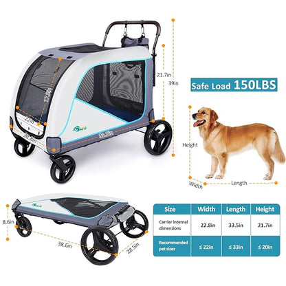 Ownpets Extra-Large Dog Stroller for Large Dogs Up to 154lbs, with Hanging Storage Bag, Foldable Dog Wagon with Adjustable Handle & Breathable Mesh, 4 Wheels Pet Stroller