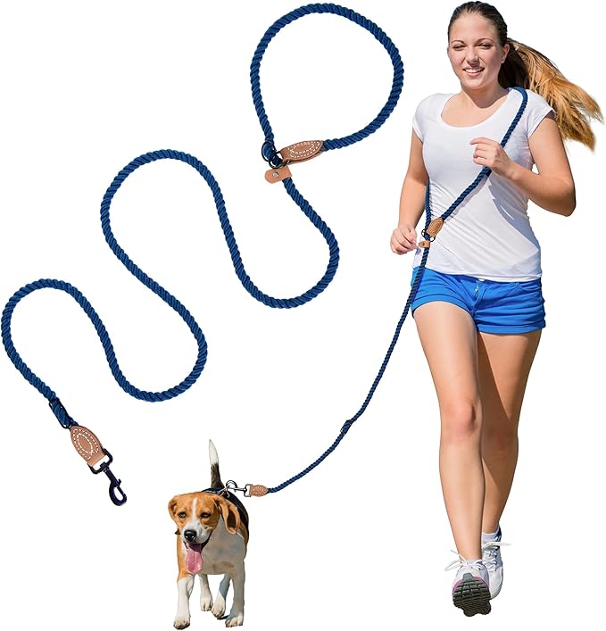 Mile High Life Hands Free Dog Leash, Crossbody Waist Leash with Genuine Leather Connection, Multifunctional Adjustable Slip Lead for Dog Walking Running (Navy Blue, 7FT)