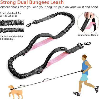 Hands Free Dog Running Leash with Waist Belt, Dual Handle Elastic Bungees Retractable Rope for Small and Medium Dogs, Reflective Stitches for Walking Hiking Biking (Medium Pink, 8-25lb)