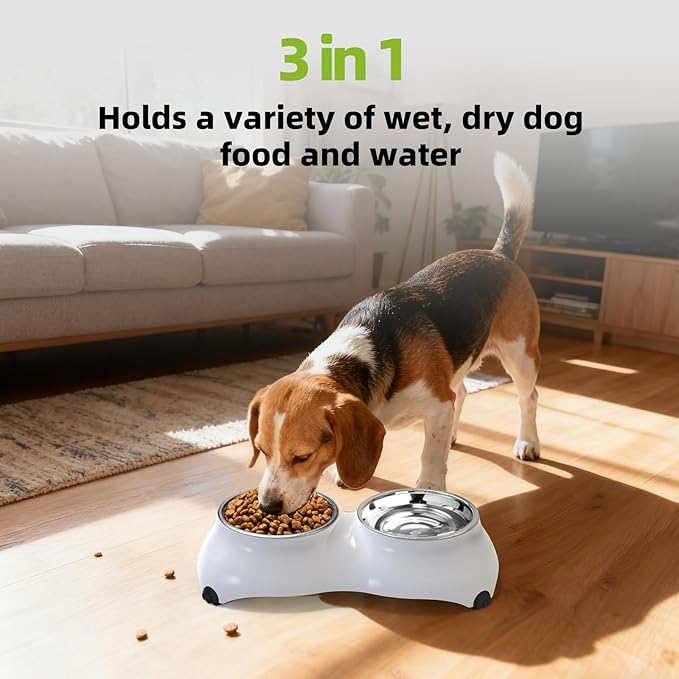 Stainless Steel Dog Bowls Set, Double Food & Water Bowls for Dogs, Dual Dog Food Bowl with 2 Small (4oz*2) Bowl, Non-Slip Pet Bowls Suitable for Puppies, Kittens and Small Breed Dogs (White)