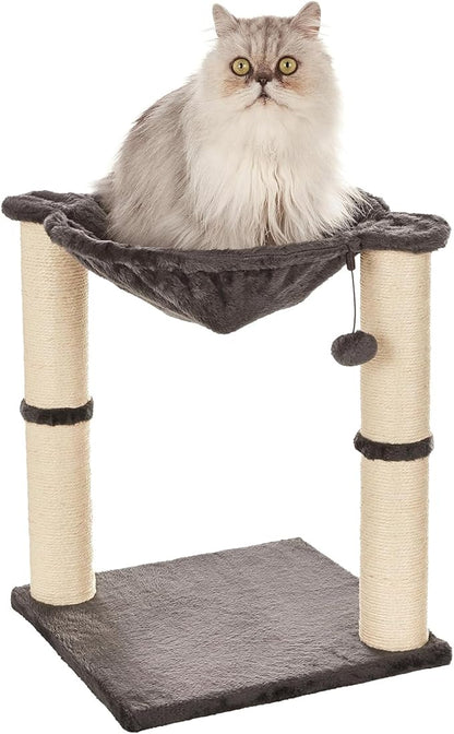 Amazon Basics Sturdy Cat Condo Tower with Hammock Bed and Scratching Posts, Interactive Hanging Ball Toy for Indoor Cats, 15.8" x 15.8" x 19.7", Gray