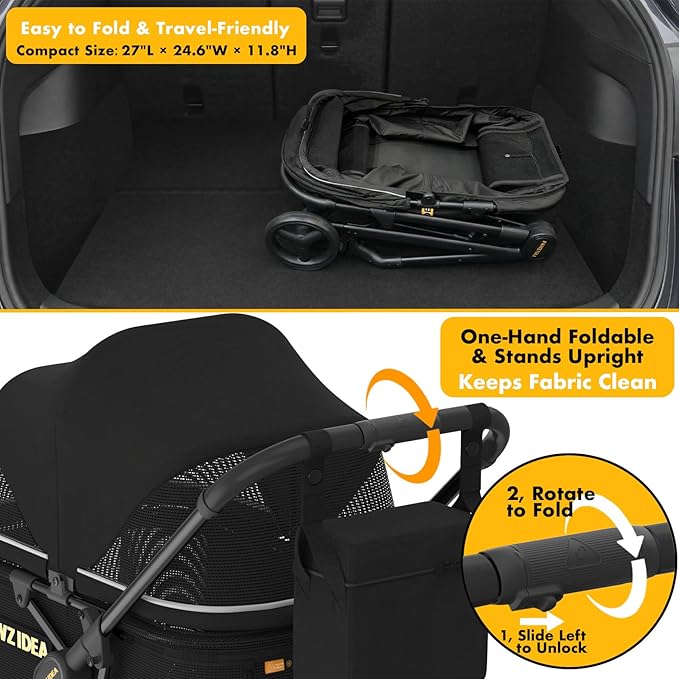 PAWZIDEA Dog Stroller for Large Dogs up to 80 lbs, Lockable No-Zip 180° Reversible Canopy, One-Hand Foldable Pet Stroller for 2 Medium Dogs, All-Terrain Jogger Wheels, Storage Organizer, Chew-Proof