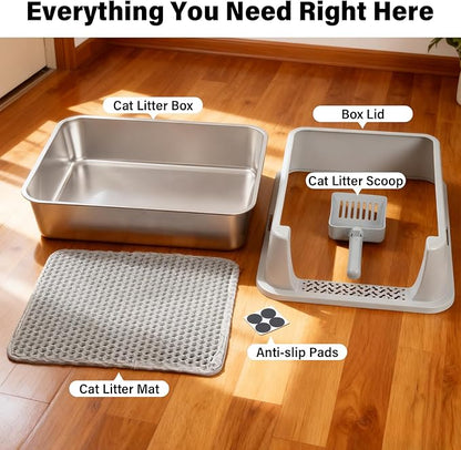 Stainless Steel Litter Box with Lid, Metal Litter Box High Sides, Low Entry Litter Boxes with Scoop and Mat,Non-Stick,Anti-Leakage,Easy to Clean Litterbox for Small to Medium Cats