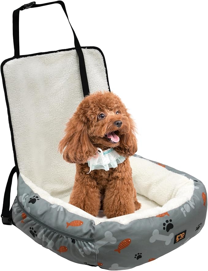 Dog Car Seat for Small Medium Dogs Under 30 lbs, Fully Detachable and Washable Cat Booster Car Seats for Front & Black Seat with Safety Leash Belt (Bone, M)