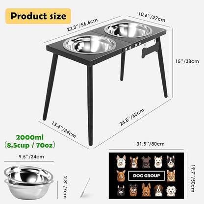 Metal Raised Dog Bowl Stand for Extra Large & Large, Dogs Food & Water Bowls 15" Tall,with Sprill Proof Mat, Raised Stand (70OZ-Stainless Steel Dog Bowls, Mat-20x31)