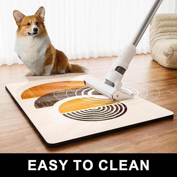 Dog Food Mat, 12" x 19" Absorbent Dog Cat Bowl Mat for Food and Water, Cute Anti-Slip Rubber Pet Feeding Rug Protect Floors Washable Placemat for Feeding & Watering Supplies, Modern Circle Art