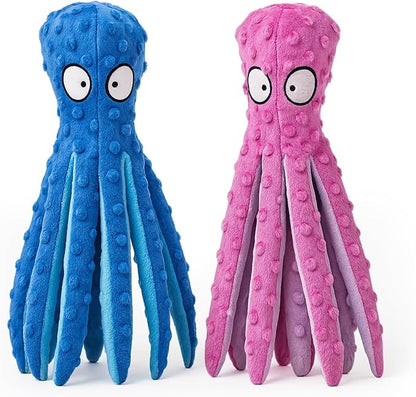 Squeaky Octopus Dog Toy – No Stuffing, Crinkle Sound Plush Chew Toy for Small and Medium Dogs – Durable and Machine Washable – 2 Pack (Blue & Pink)
