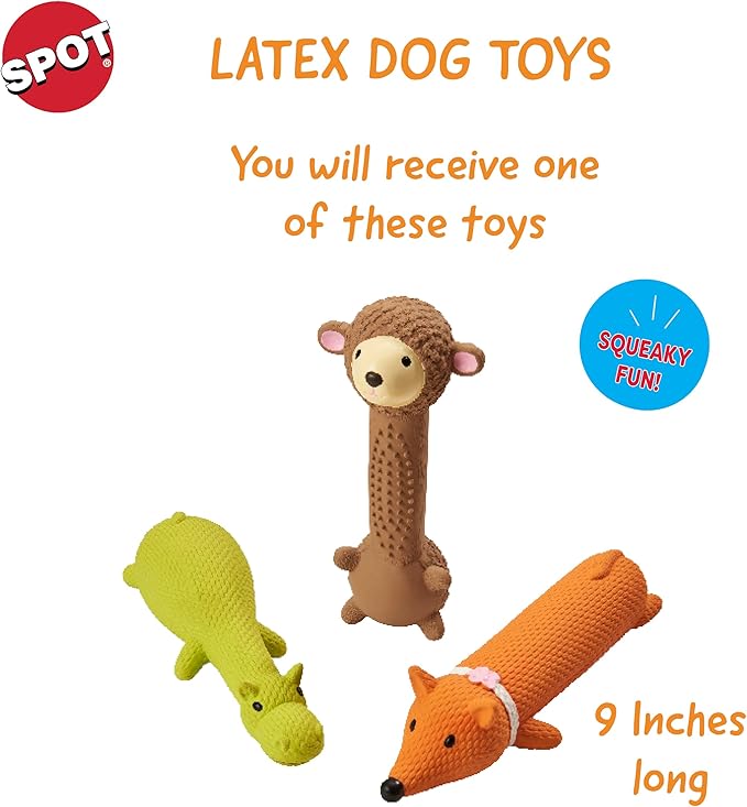 SPOT Latex Friends Dog Toys -Soft & Stuffing-Free with Honking Squeaker, 100% Latex, Brightly Colored, Ideal for Small/Medium Dogs & Light Chewers, 9-inch Assorted Styles