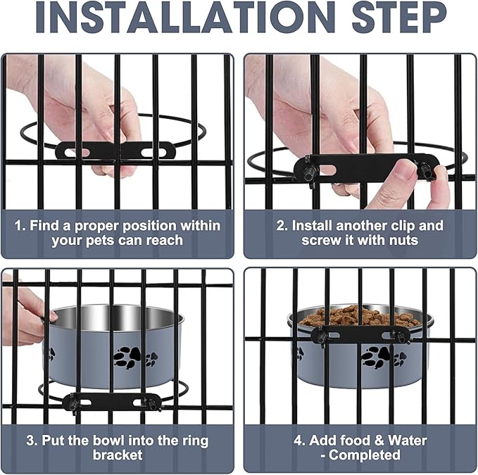 Kennel Water Bowl, ShineMe Stainless Steel Pet Food and Water Feeder Dishes - Attachable Dog Crate Bowls Hanging 2 Pack No Spill for Medium & Large Dogs (7.1x2.9” & 6.2x2.6”)