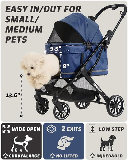 797Audio Dog Stroller for Small Medium Dogs, Pet Stroller for Cats Puppy Up to 121lbs,Foldable,One Click Folding,4 Wheel Shock Absorption,Adjustable Canopy with Sun Shades,Removable Washable Pad(Blue)