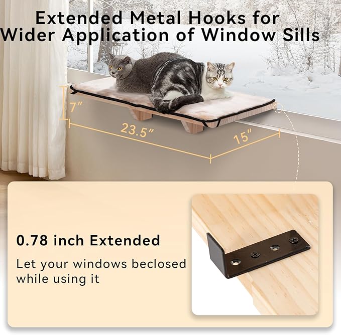 PETSFIT Cat Window Perch for 2 Cats, Adjustable Cat Hammock with Removable Fleece Mat, Natural Solid Wood Design, Easy to Assemble Window Perch for Large Cats, Fits Windowsill, Bedside & Drawer