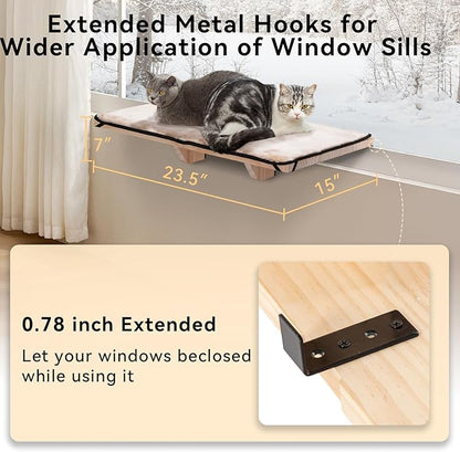 PETSFIT Cat Window Perch for 2 Cats, Adjustable Cat Hammock with Removable Fleece Mat, Natural Solid Wood Design, Easy to Assemble Window Perch for Large Cats, Fits Windowsill, Bedside & Drawer