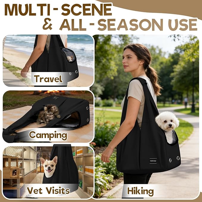 Dog Purse Carrier, Small Dog Cat Puppy Outdoor Portable Bag, Foldable Breathable 3‑Speed Zipper Access Pet Travel Bag with Large-Capacity Pockets, 15 lbs Capacity,Black