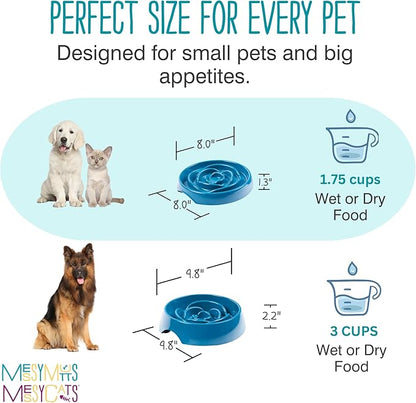 Messy Mutts Interactive Slow Feeder | Puzzle Slow Feeder Dog or Cat Bowl | Enrichment Food Dish to Slow Eating, Prevent Bloating | 8” x 1.3” | 1.75 Cup | Blue