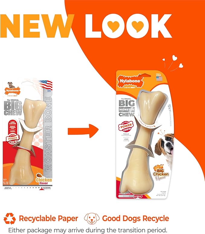 Nylabone Big Chew Monster Bone Power Chew Toy for Large Dogs, Durable Dog Toys for Aggressive Chewers, Destroy Proof Chew Toys To Keep Them Busy, Chicken Flavor, XX-Large, 50++ lbs, 1 Count