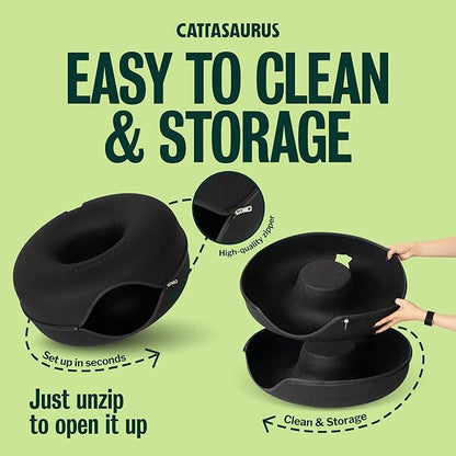 Cattasaurus Peekaboo Cat Cave Donut for Multiple & Large Cats up to 30-45 lbs, 3-in-1 Self Warming Cat Bed, Tunnel & Scratcher for Indoor Cats, Washable & Detachable Small Dog Bed (Black, Large)