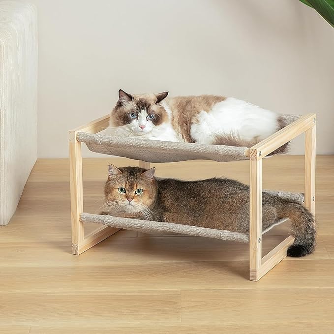 Cat Bed, Double-Layer Wooden Cat Hammock for Indoor/Outdoor, Elevated Small Dog Bed, Made of Natural Materials, Breathable, Comfortable, Sturdy & Durable