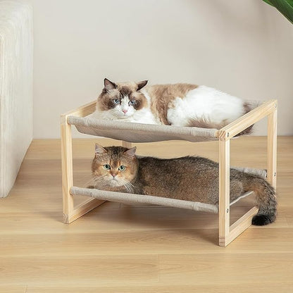 Cat Bed, Double-Layer Wooden Cat Hammock for Indoor/Outdoor, Elevated Small Dog Bed, Made of Natural Materials, Breathable, Comfortable, Sturdy & Durable