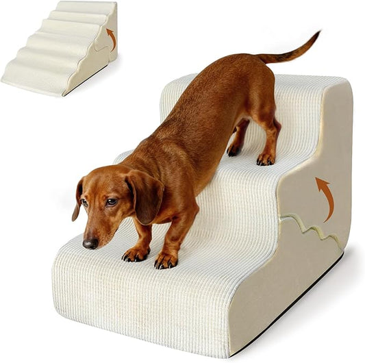 Pet Dog Stairs for Small Dogs, 2 in 1 Transformable 3-Step Pet Stairs and Wave Anti-Fall Slope for Short Legs and Long Legs Dog, for Couch (12-19 in) with Durable Non-Slip Waterproof Cover（Beige）