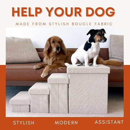 5-Step Dog Stairs for Small, Medium Dogs with Storage Box - Durable Folding Pet Steps, Padded Lid and Container; Dog Steps for Bed and Couch + Hair Brush Gift (Off White, Large, 5.0)