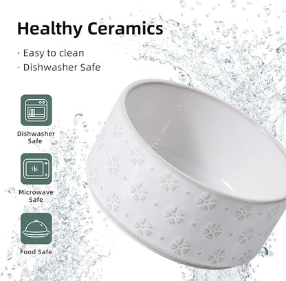 Ceramic 6.1inch Raised Dog and Cat Bowl Set, 2 Heights Elevated with Acacia Wood Stand, Food and Water Bowl for Small Breed Dogs, Weighted Dog Dishes(27oz, Arctic White)