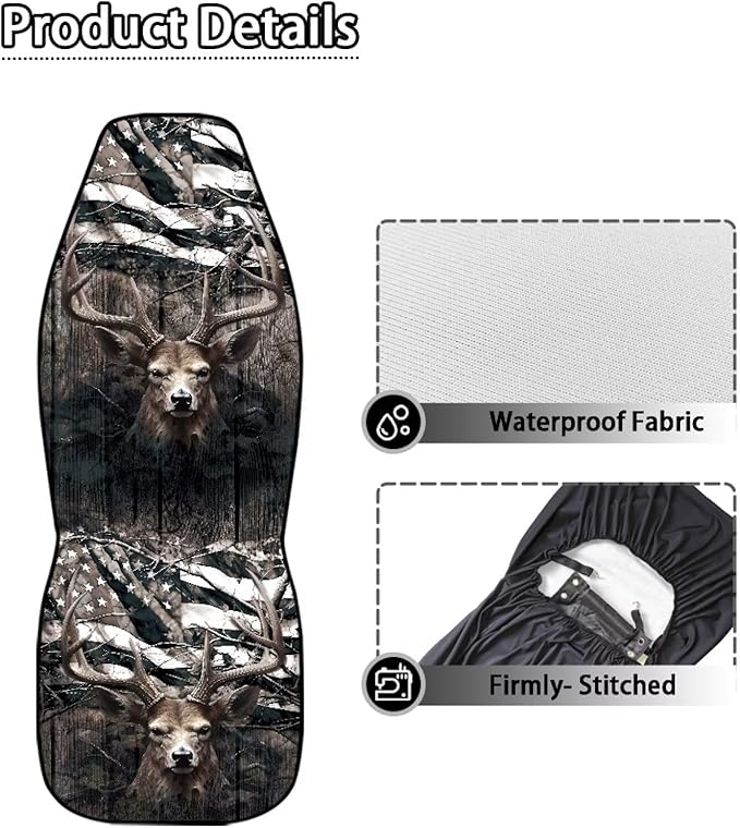 Car Seat Covers 2 Pcs, Waterproof Universal Camo American Flag Deer Hunter Front Seat Protector, Easy Installation Car Interior Accessories Universal for Cars Truck SUV Van